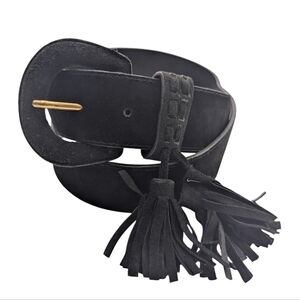 Vintage Express Black Suede Leather Belt Gold Buckle Tassel Boho L